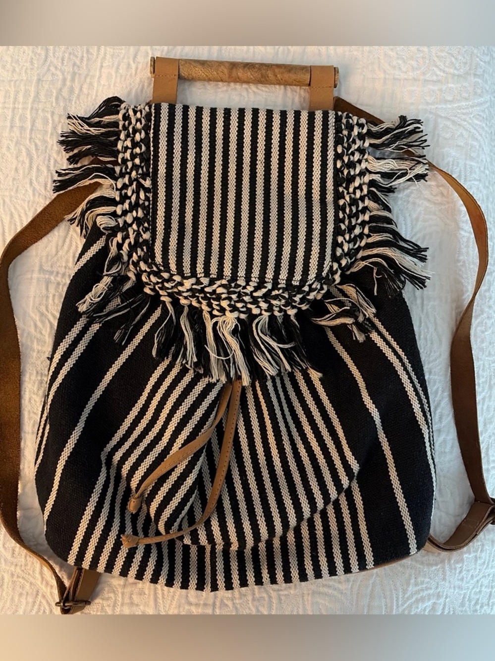 Boho Black & Cream Striped Fringe Backpack